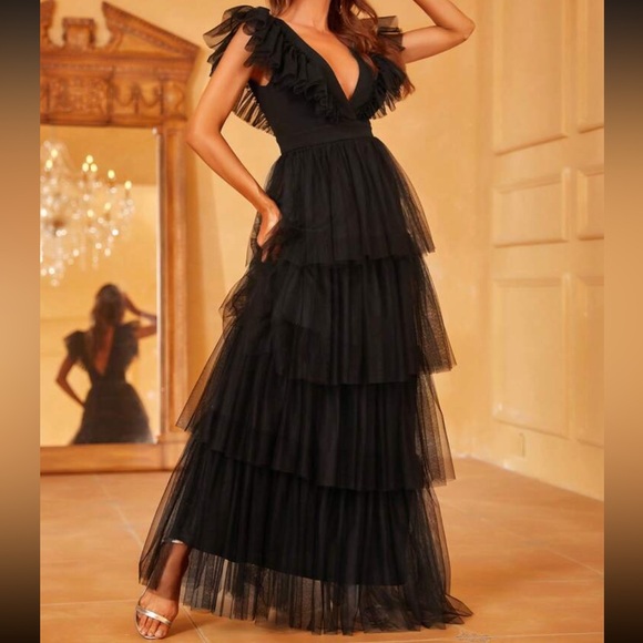 Luxe Sheer Mesh Ruffle Plunge Neck Evening Party Formal Dress Black - Picture 4 of 6